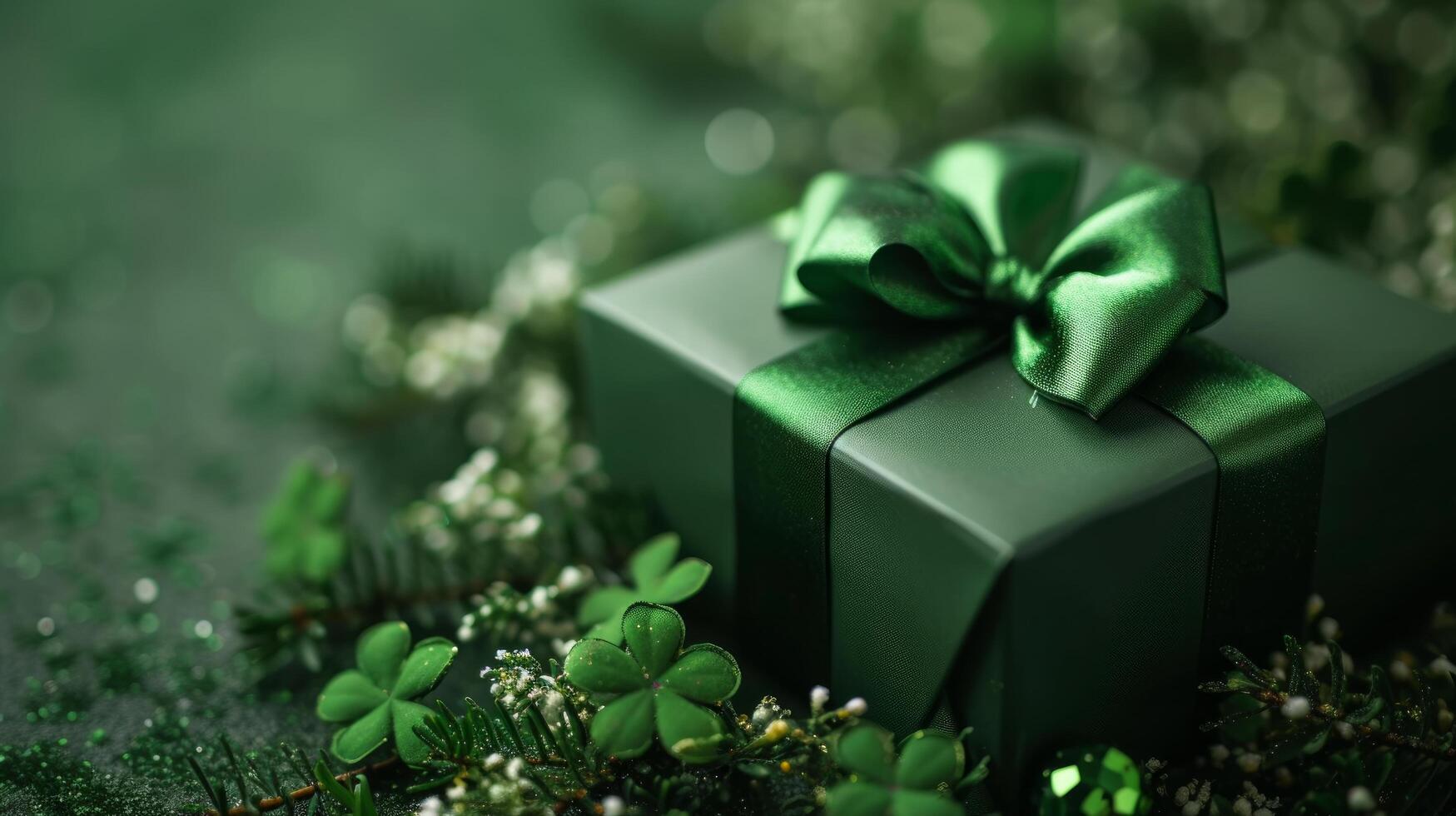 ai generado verde lujo regalo caja con un brillante arco en un trébol antecedentes foto