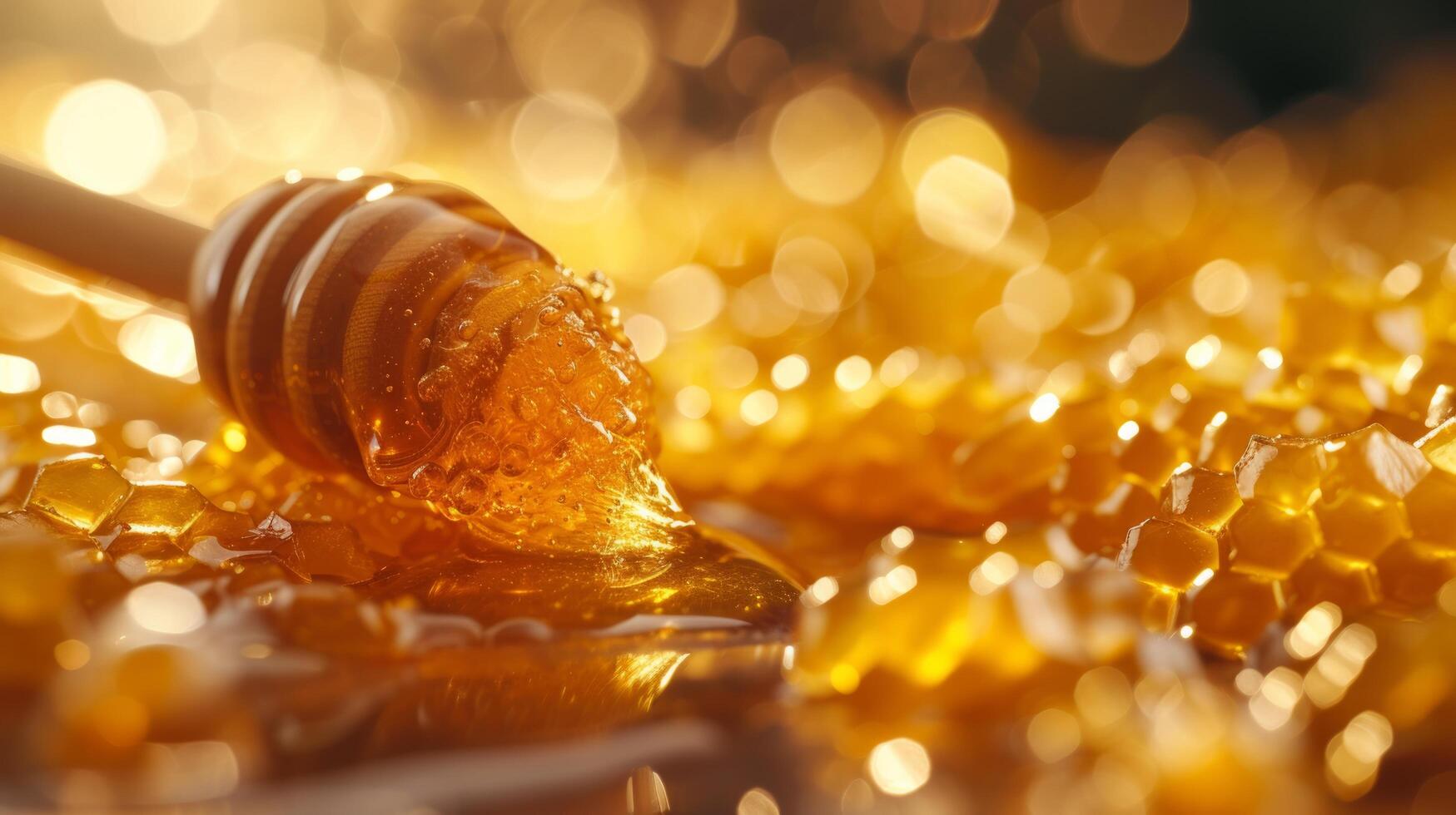 AI generated Amber hues of honey cascade from a wooden dipper, glistening in the sunlight photo