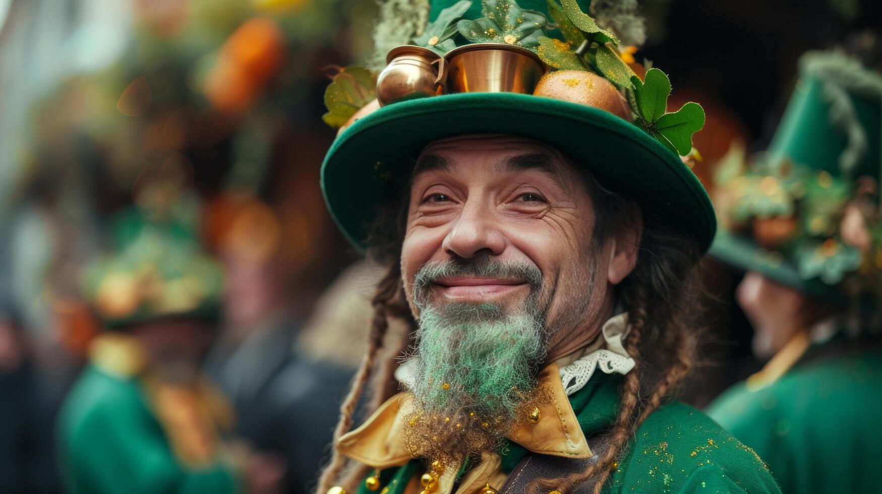 AI generated Playful portraits of individuals dressed as leprechauns, complete with green suits, hats, and pots of gold photo