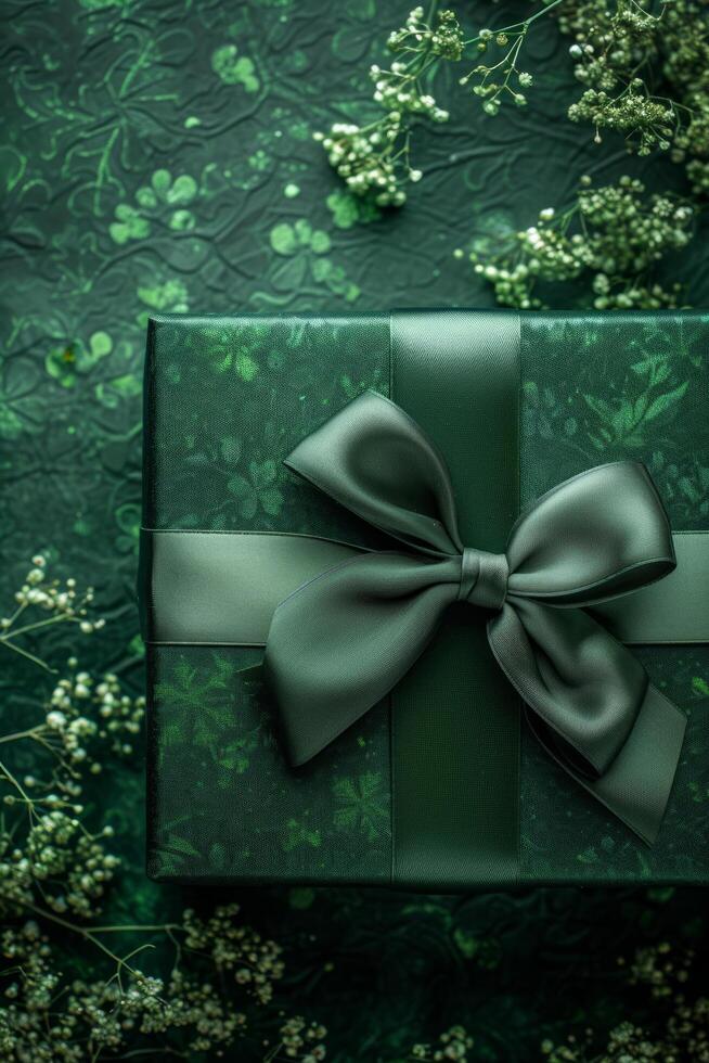 AI generated Green Luxury Gift Box with a Shiny Bow on a Shamrock Background large copyspace area photo