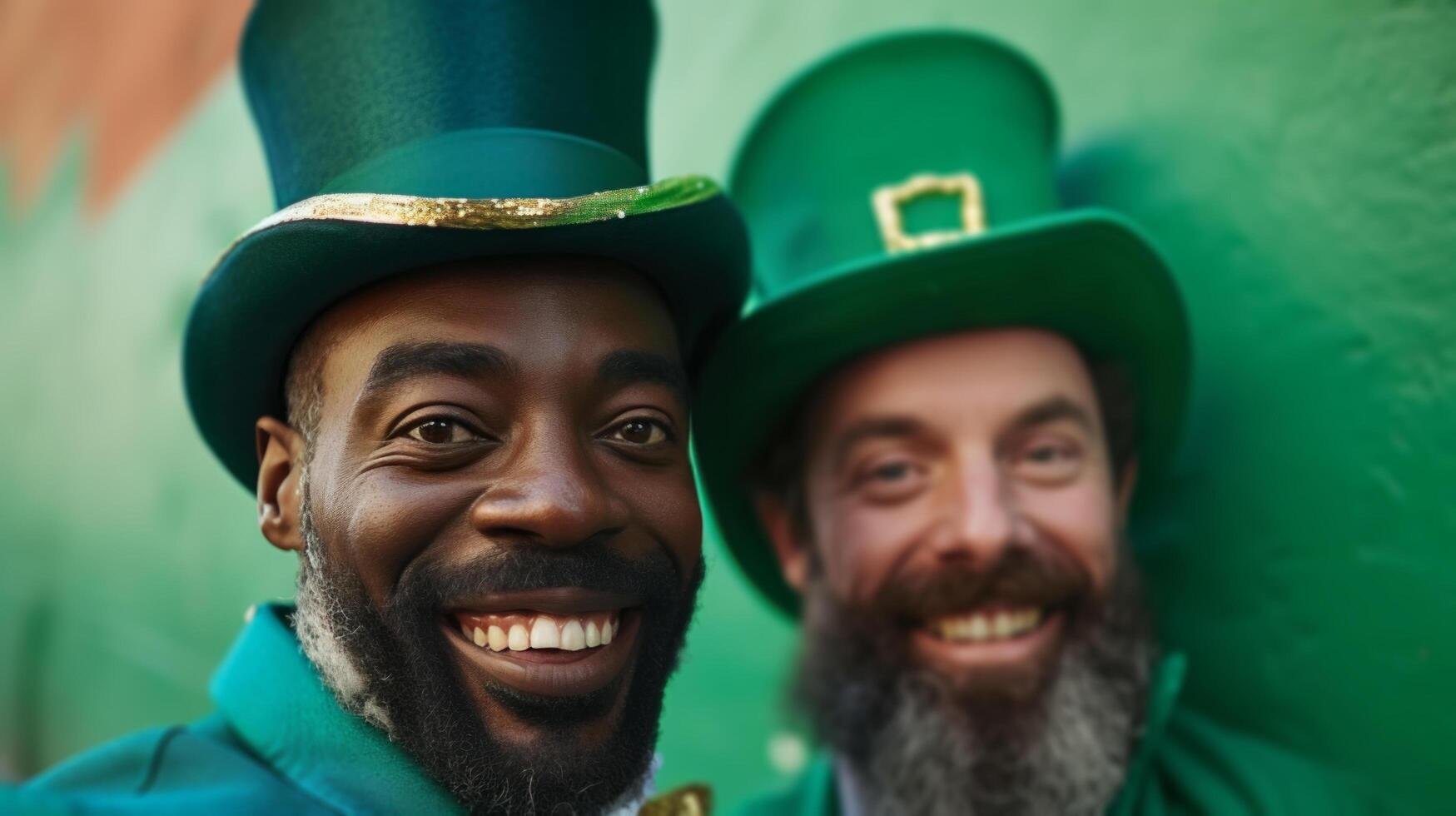 AI generated Playful portraits of individuals dressed as leprechauns, complete with green suits, hats, and pots of gold photo