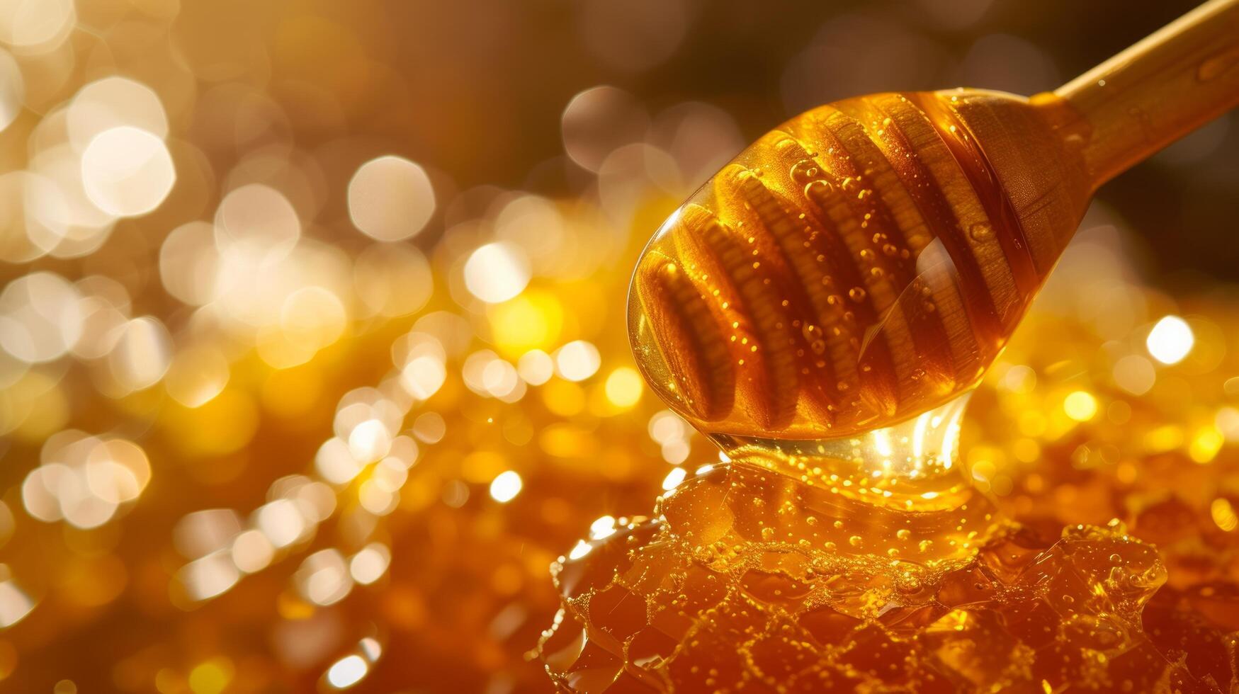 AI generated Amber hues of honey cascade from a wooden dipper, glistening in the sunlight photo