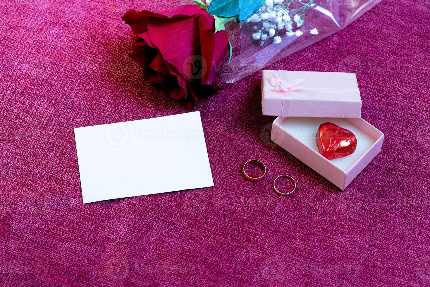 valentines day card chocolates rose and rings photo