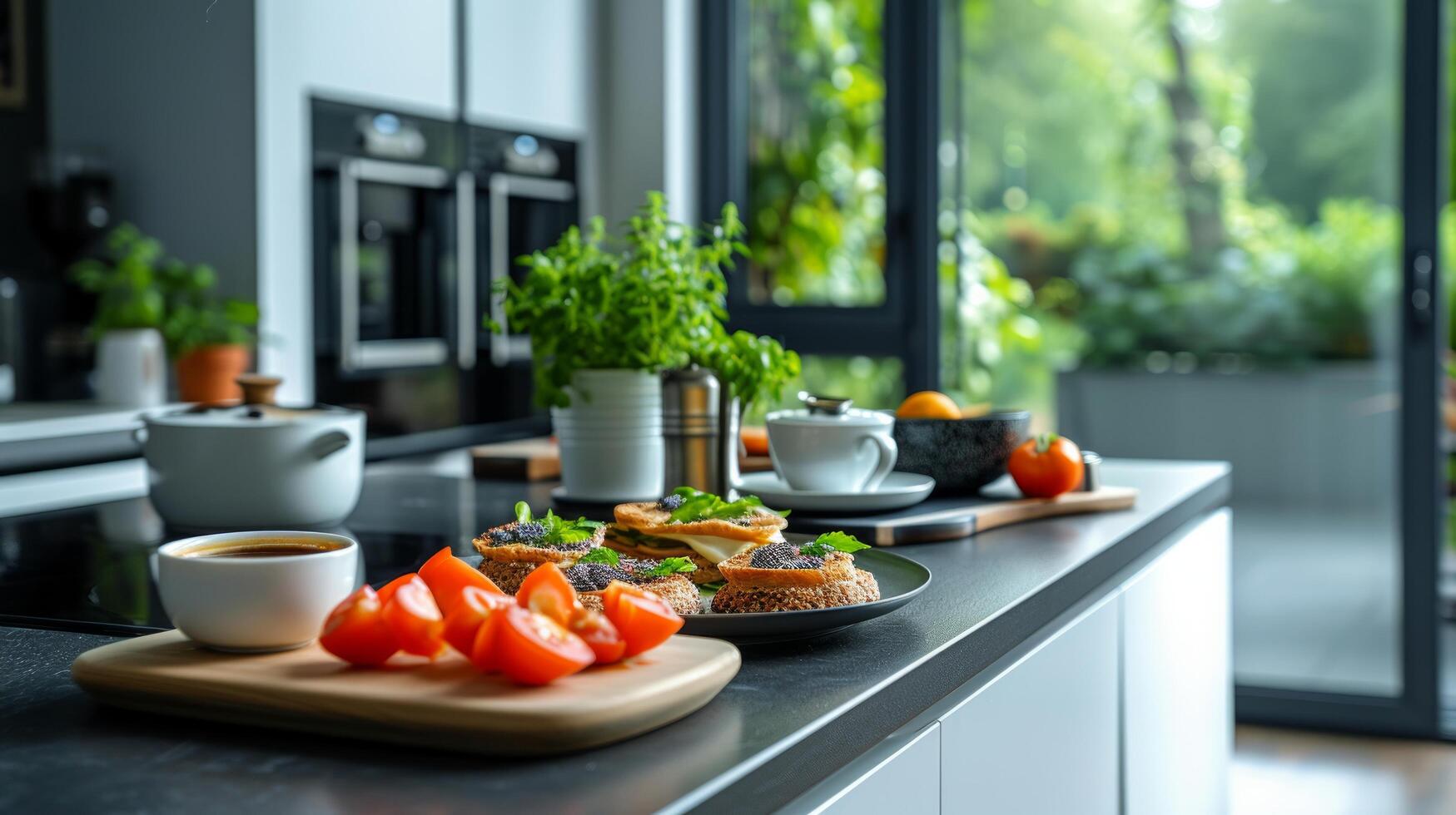 AI generated Sleek countertops host avocado toasts and gourmet coffee photo