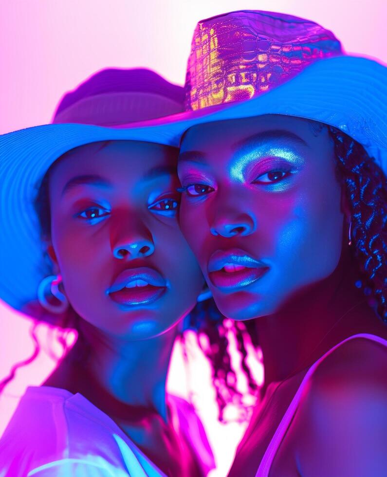 AI generated two women, one has purple hat and other has white t shirt, body extensions, hip hop aesthetics, photo