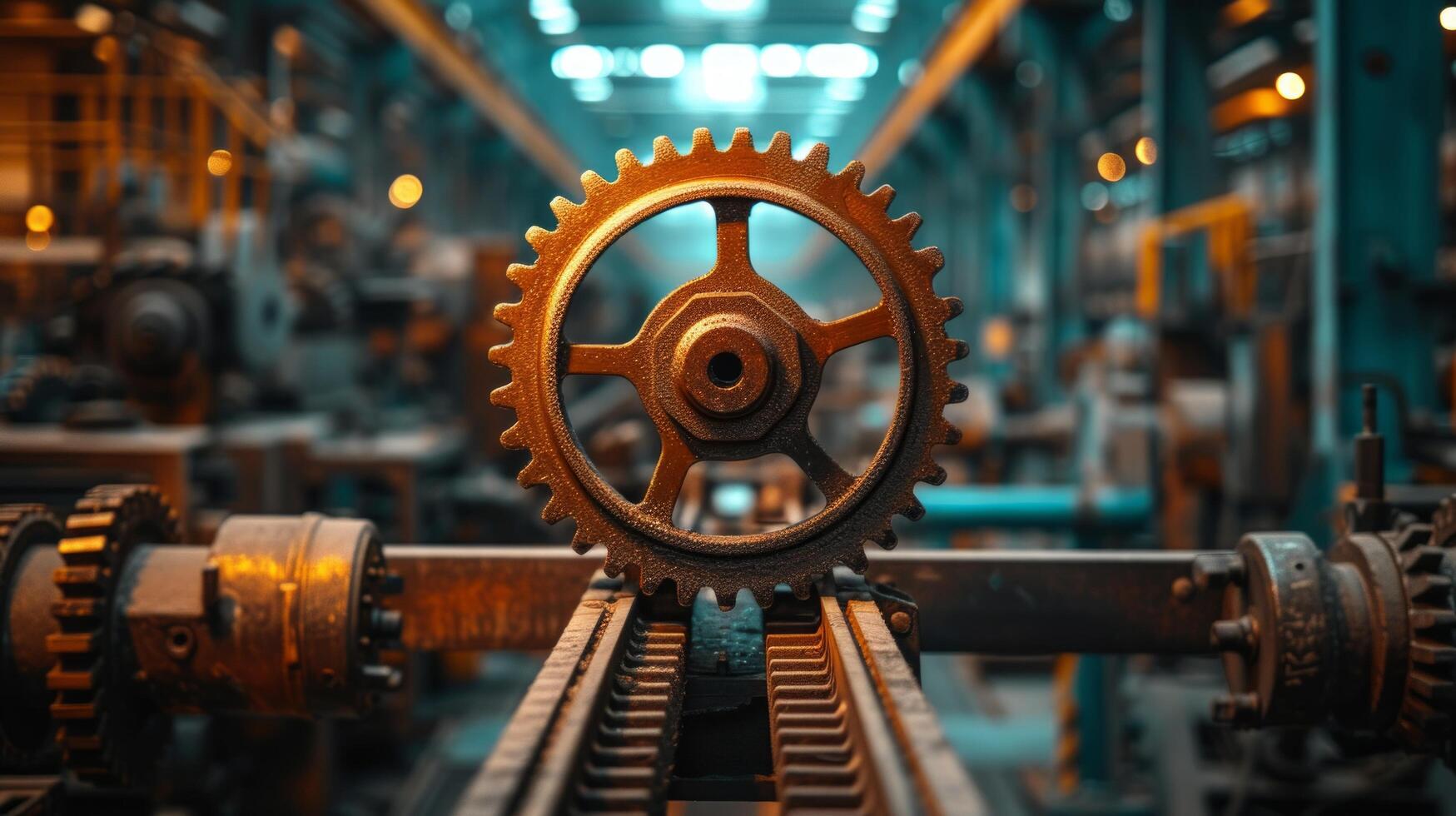 AI generated With gears whirring, it strikes a pose against a backdrop of industrial machinery photo