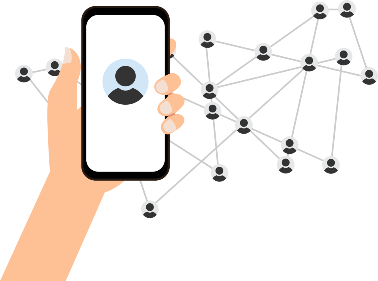 illustration hand holding smartphone connected to a large group of people on network png