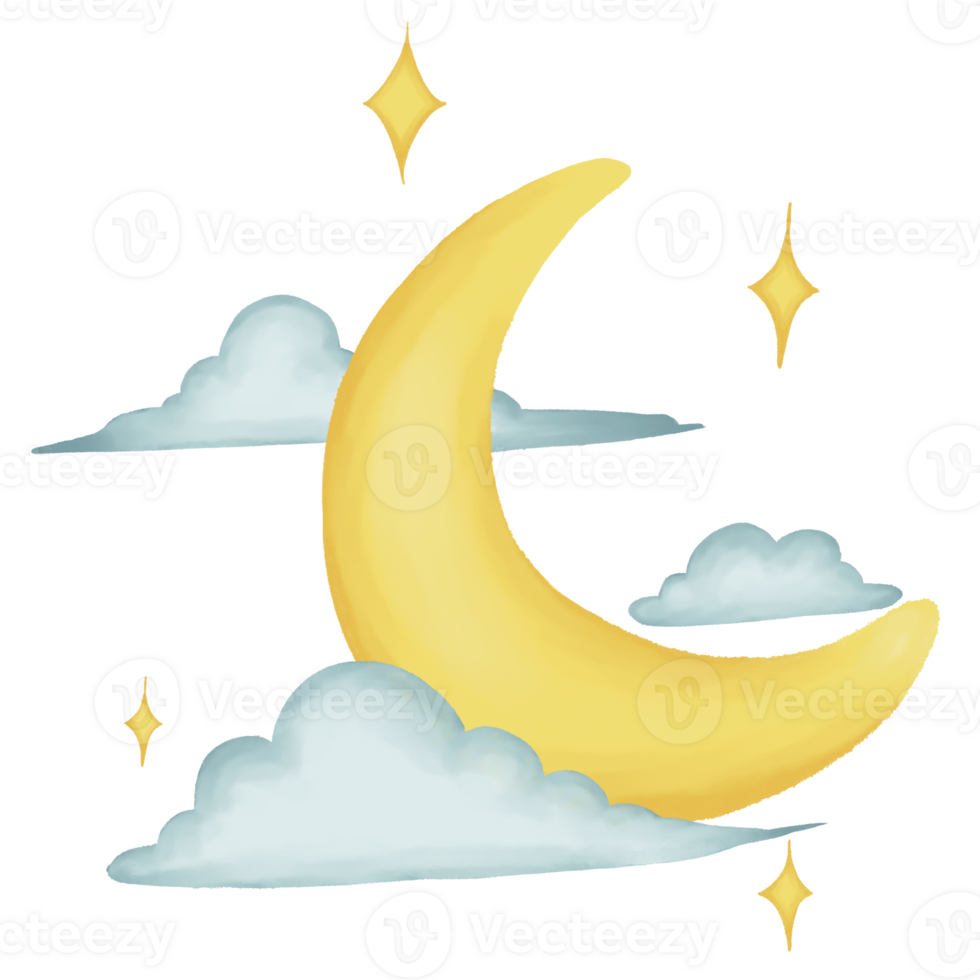 Yellow crescent moon with clouds and sparkles isolated. suitable for Islamic illustrations and nighttime theme designs. png