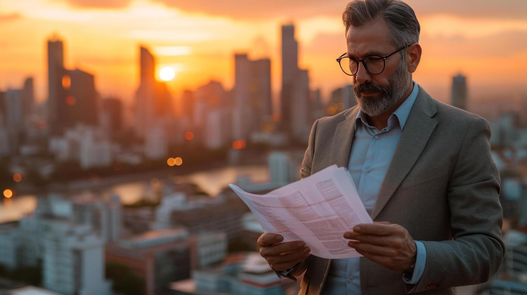 AI generated Businessman reviewing plans on a rooftop, embracing sophistication amid cityscape photo