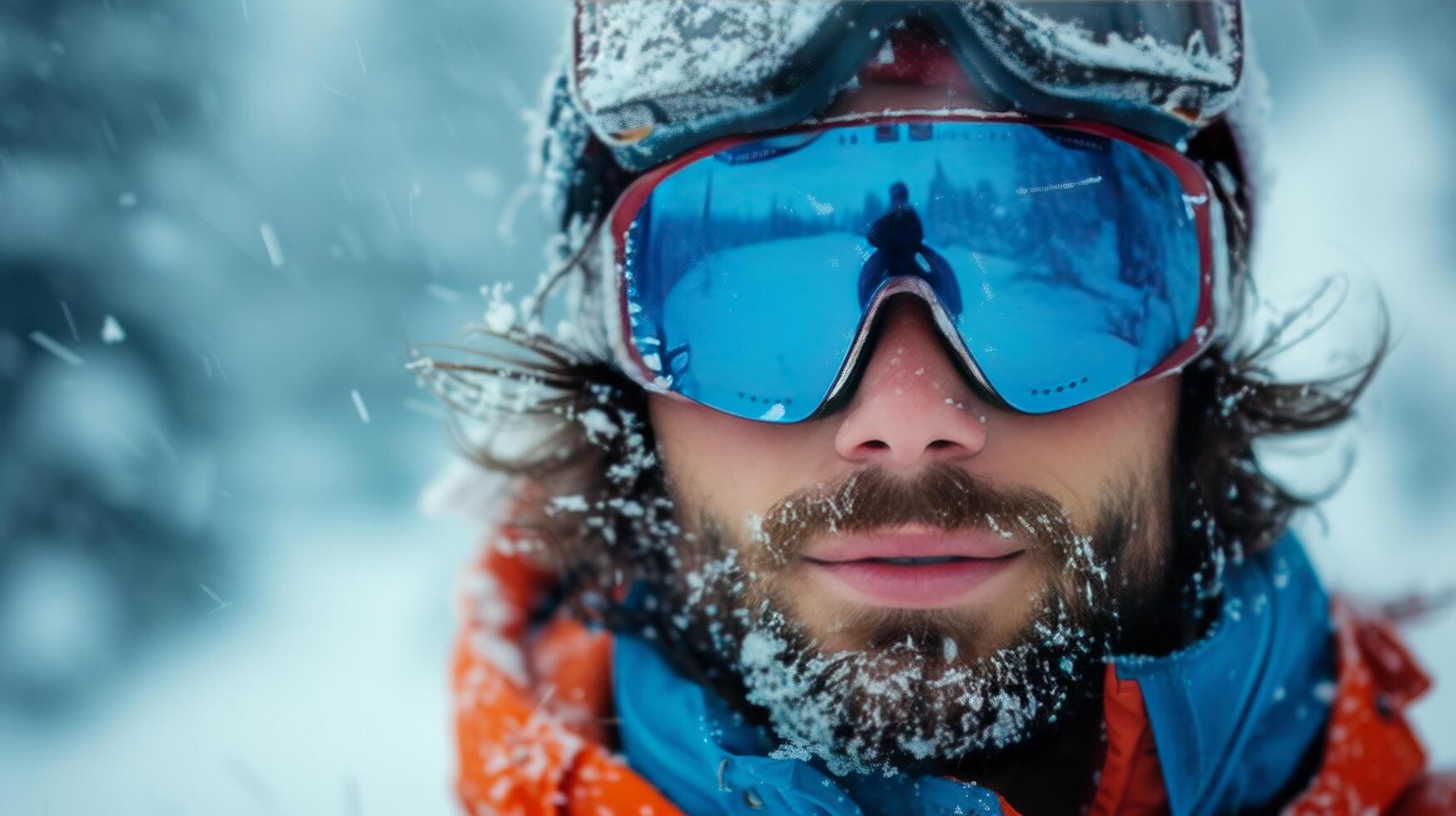 AI generated Portrait of a beautiful young man skiing in the background of Alpine clones photo