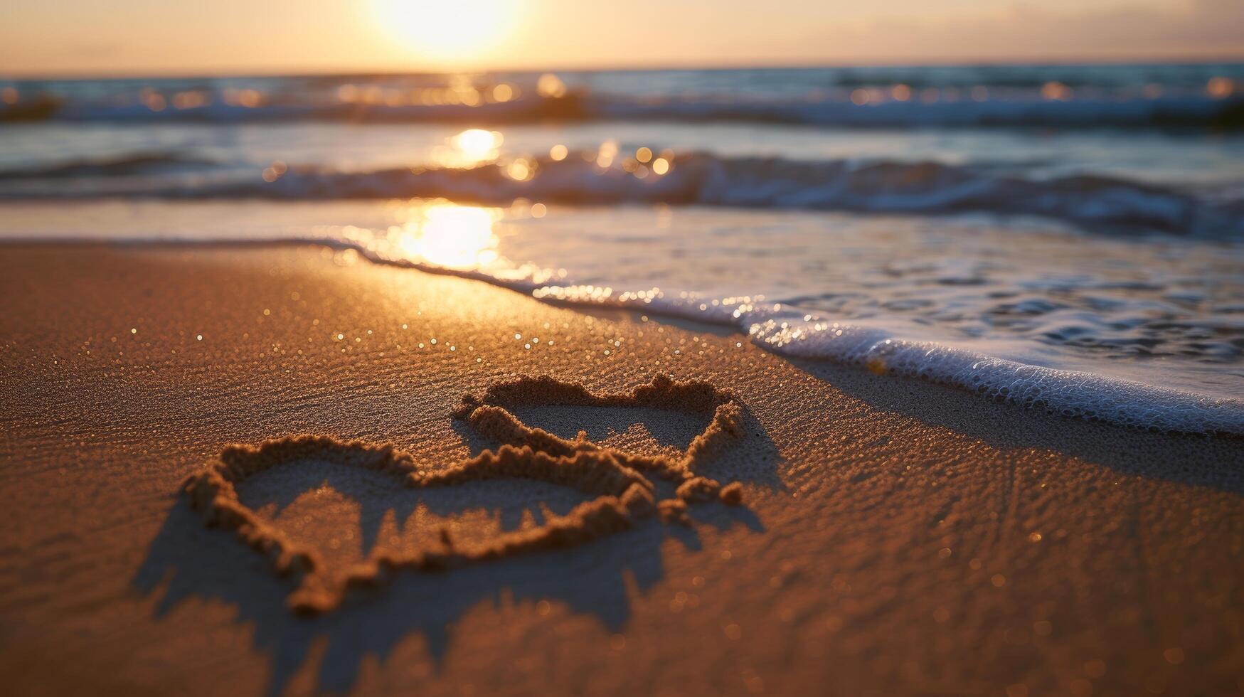 AI generated The couple's initials etched in the sand, symbolizing their love in a beach wedding. large copyspace area photo