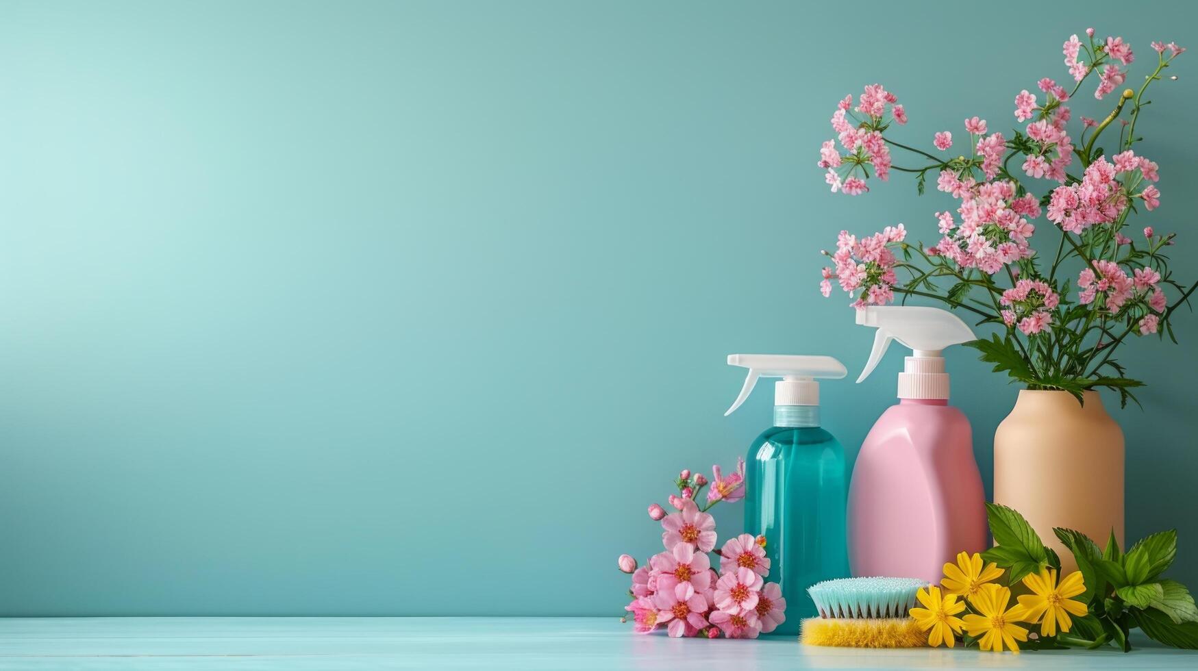 AI generated Minimalistic scenes adorned with cleaning supplies photo