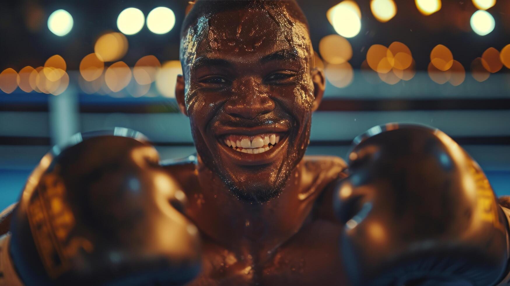 ai generado luchadores en el anillo, sonriendo como ellos escaparate su atletismo y determinación foto