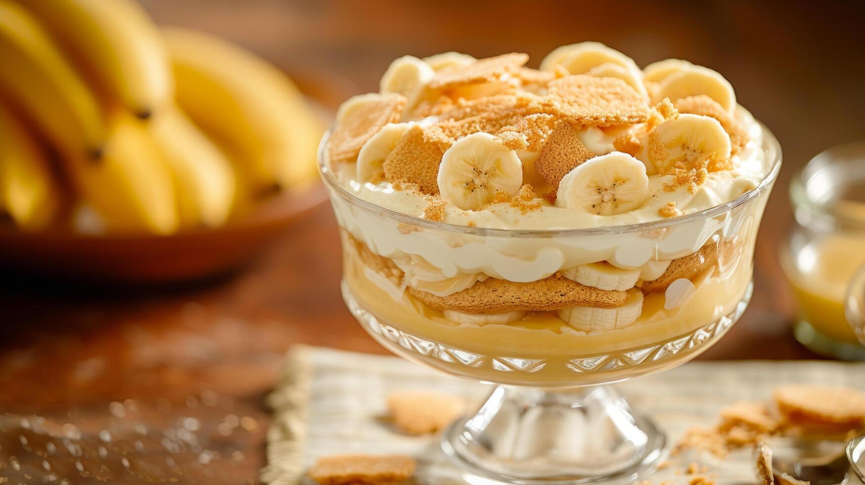 AI generated A creamy banana pudding layered with vanilla wafers and fresh banana slices, pure nostalgia photo