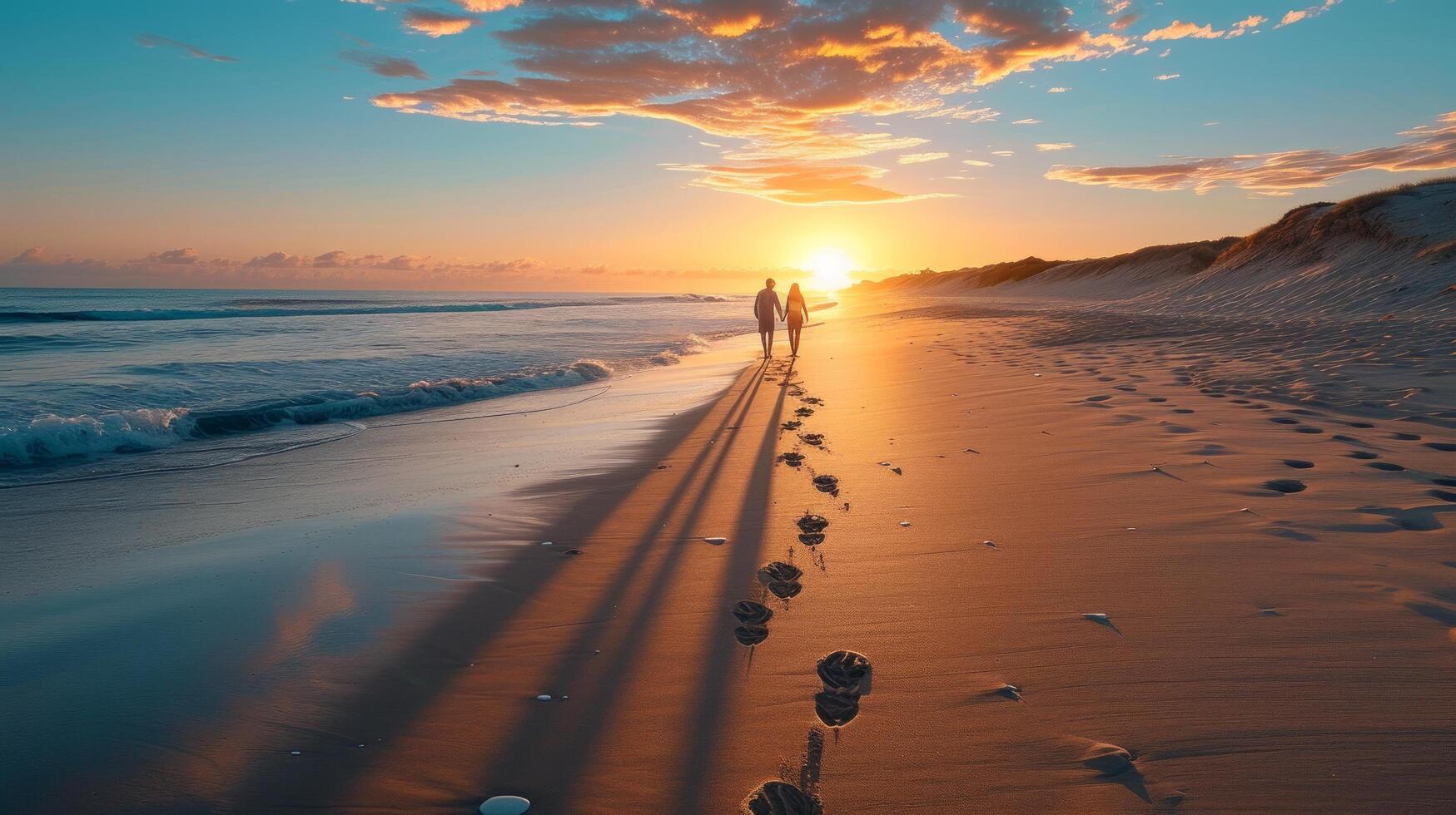 AI generated A couple strolling hand in hand along a tranquil beach at sunset, leaving footprints in the sand photo