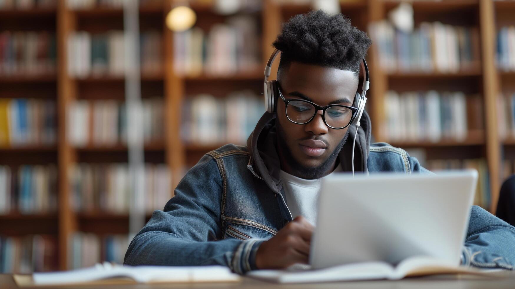 AI generated A dedicated student taking notes while listening to an online lecture on his tablet photo