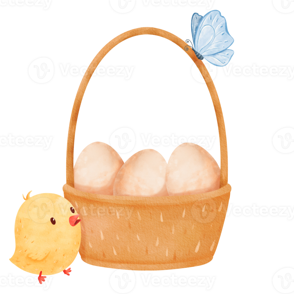 Watercolor illustration of a scene featuring a woven basket filled with eggs and a small yellow chick. for delightful and festive atmosphere. for stock use in Easter-themed designs, cards, and prints png