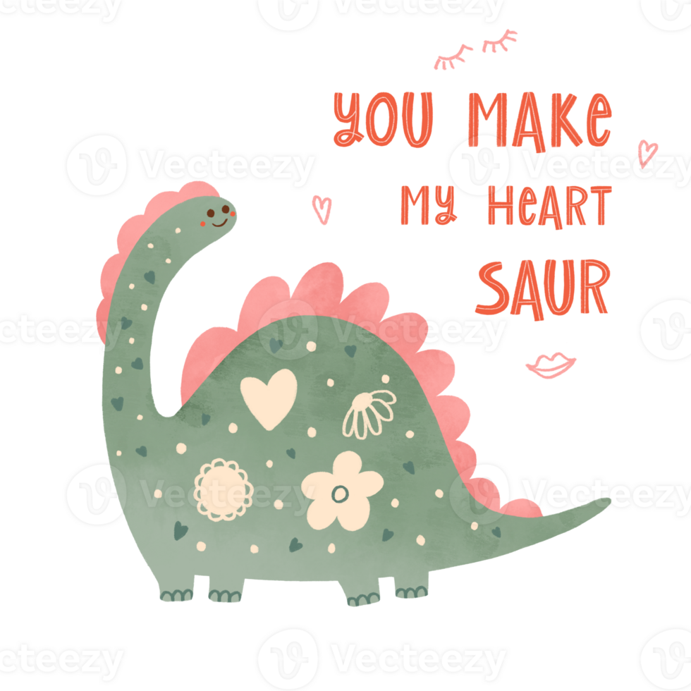 Valentines day cute dinosaur heart, flower, romantic text You make my heart saur. Love lettering element, handwritten phrase. Childish print for cards, stickers. Funny kids animal illustration png
