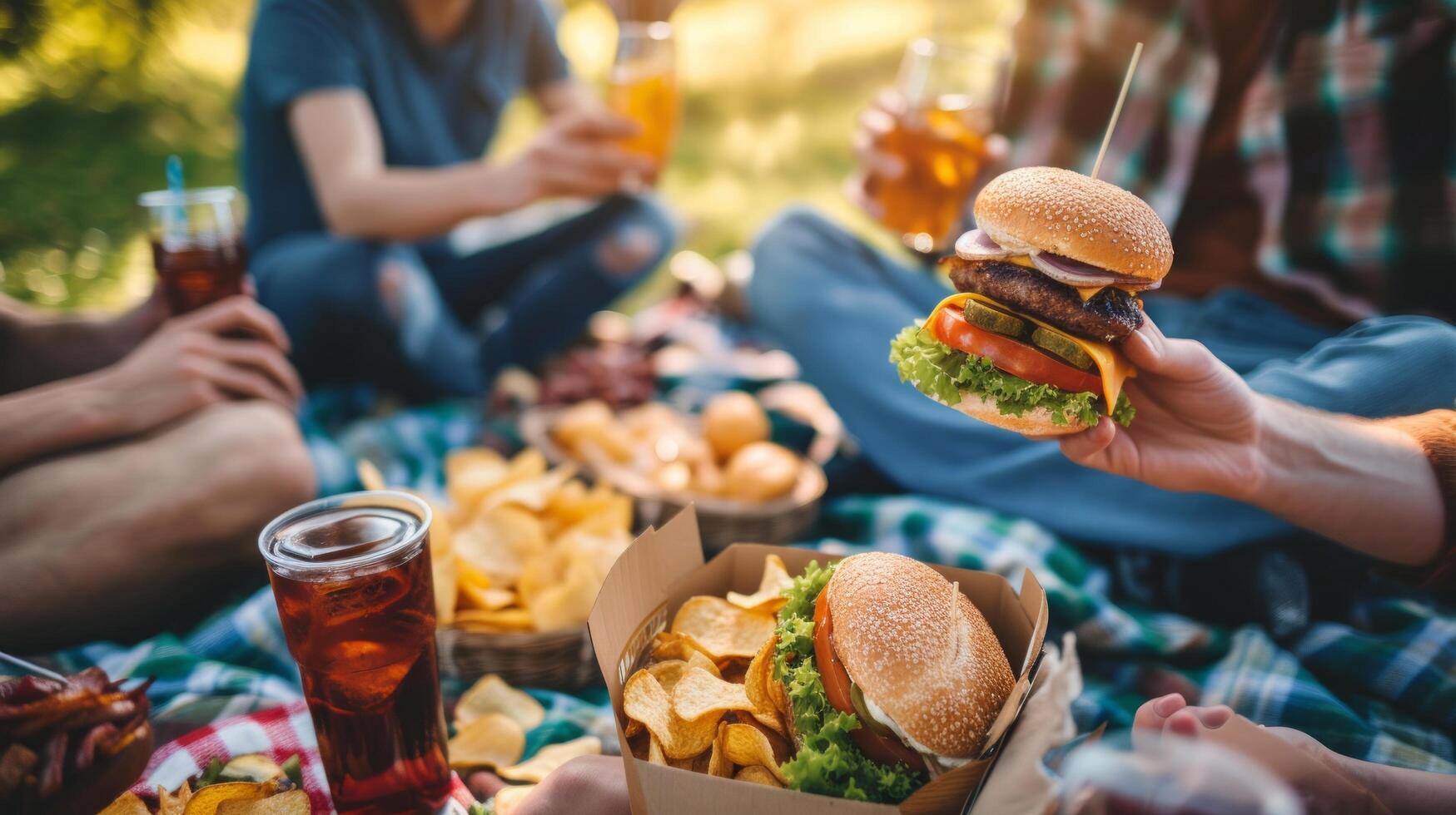 AI generated A group of friends enjoying a picnic with burgers, potato chips, and cold beverages photo