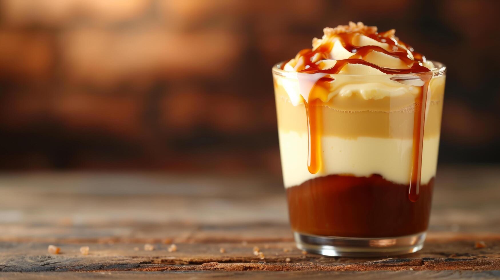 AI generated A luscious butterscotch pudding served in a glass, drizzled with caramel sauce photo