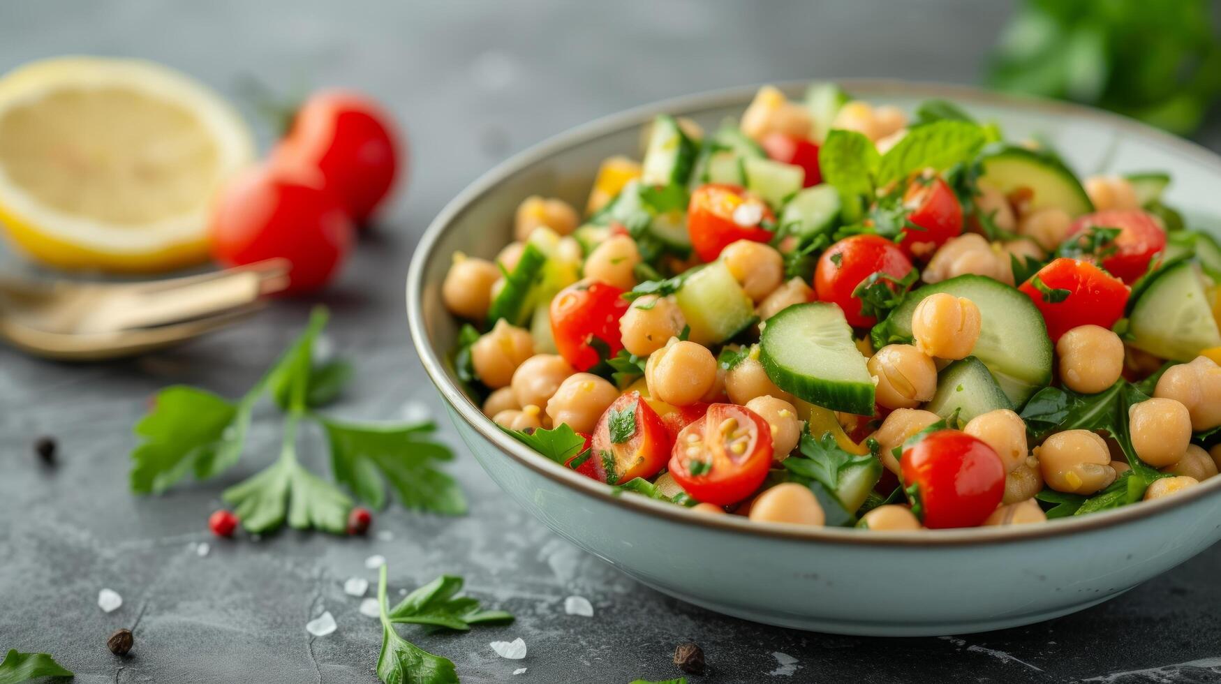 AI generated A light and healthy chickpea salad with cherry tomatoes, cucumbers, and a lemon tahini dressing photo