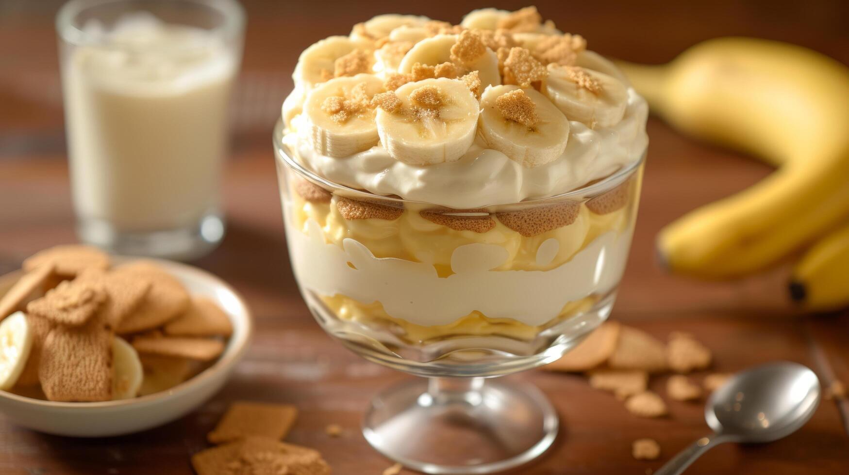 AI generated A creamy banana pudding layered with vanilla wafers and fresh banana slices, pure nostalgia photo