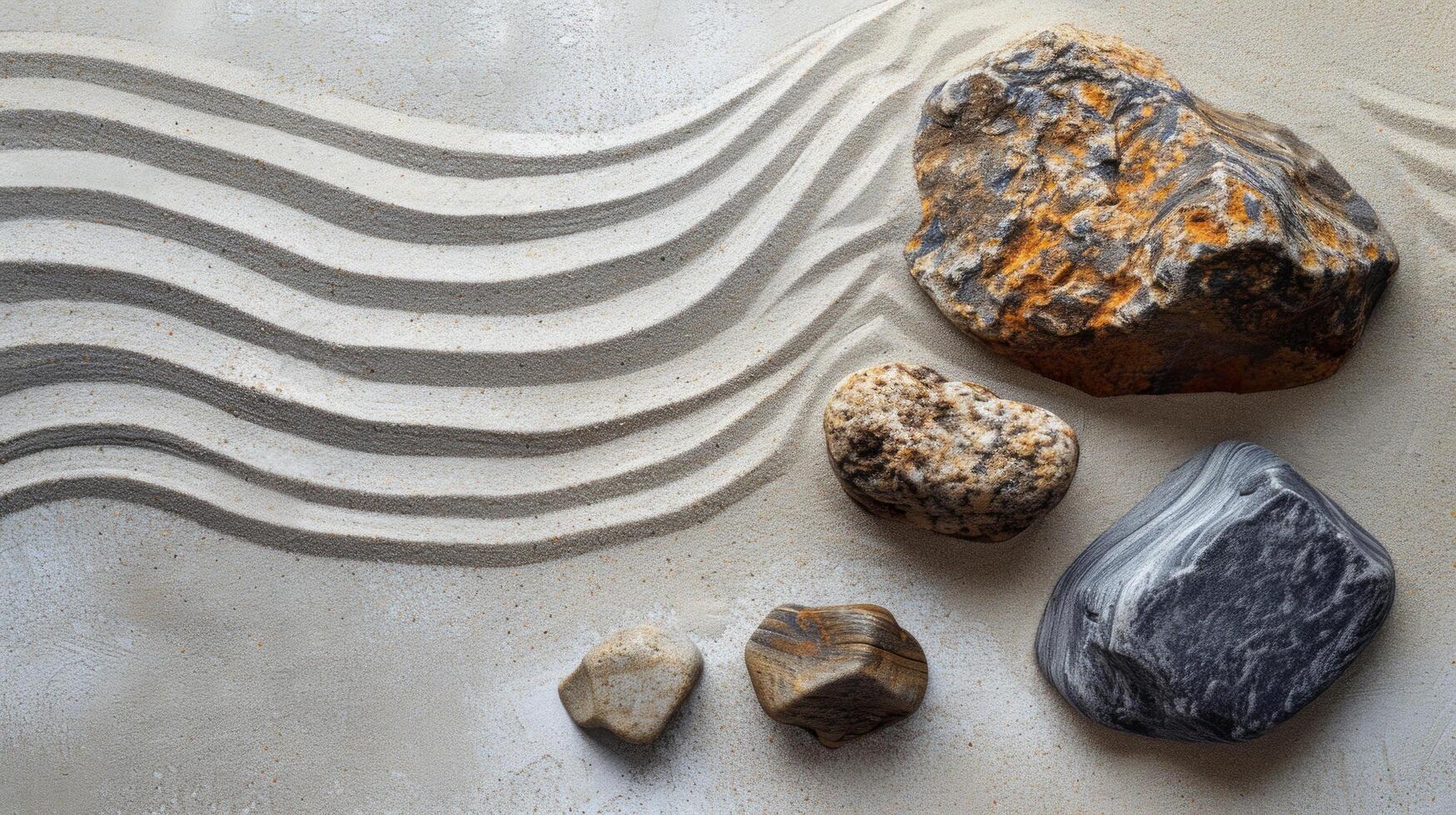 ai generado escaso Pinceladas representar rocas y arena, evocando el tranquilidad de un japonés jardín foto