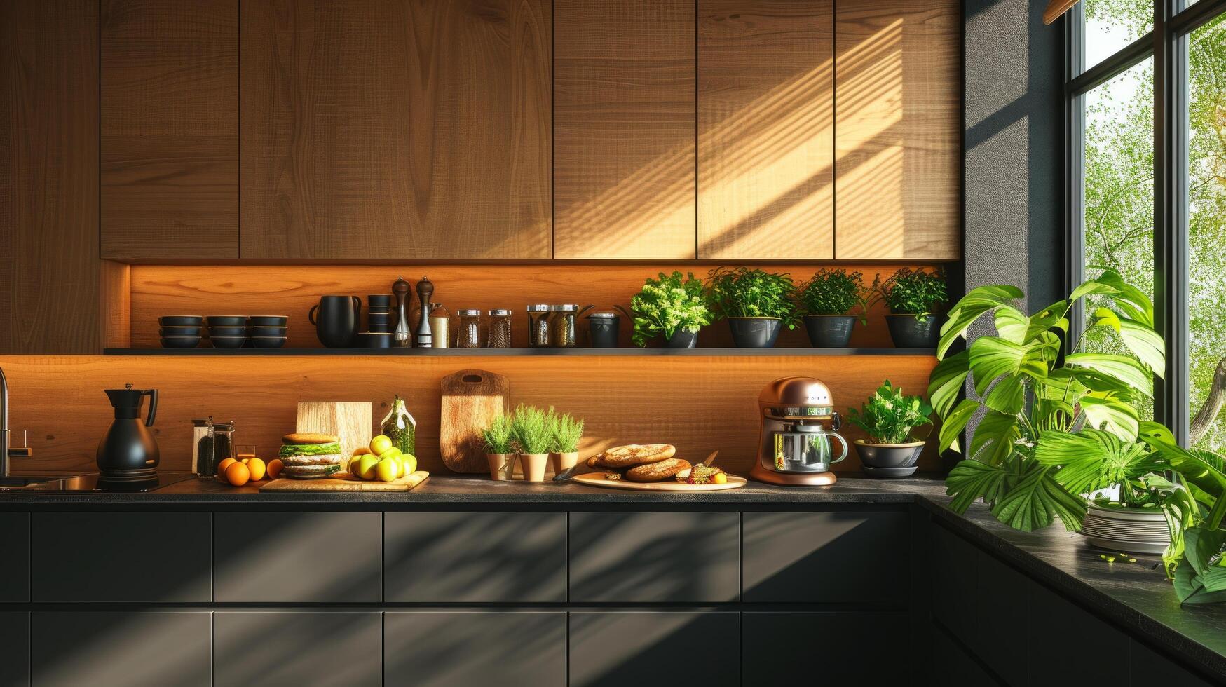 AI generated Sleek countertops host avocado toasts and gourmet coffee photo