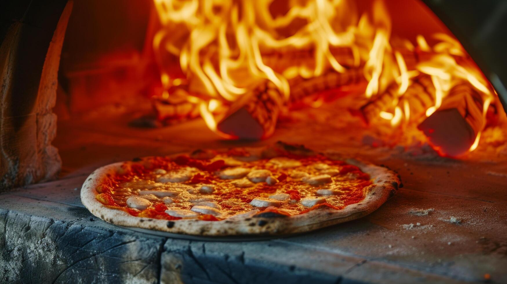 ai generado un rústico a leña Pizza horno, llamas bailando alrededor un recién horneado Pizza foto