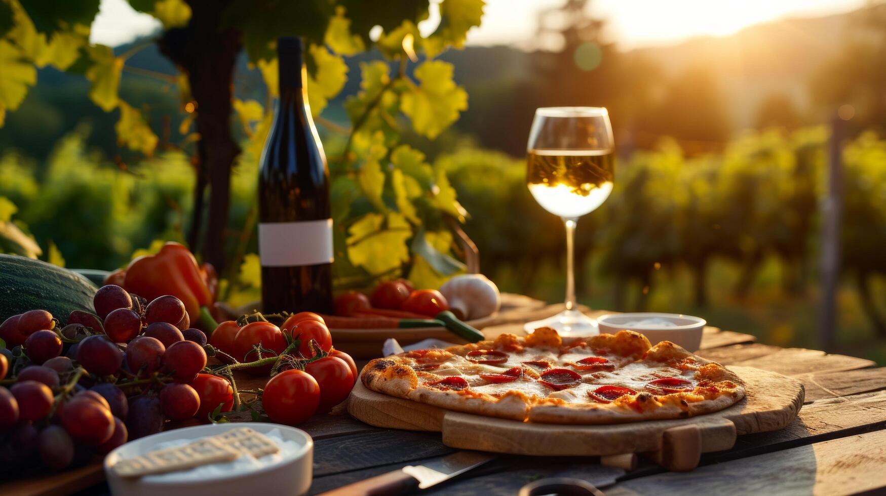 AI generated A rustic picnic with pizza and wine in a sun-drenched vineyard photo
