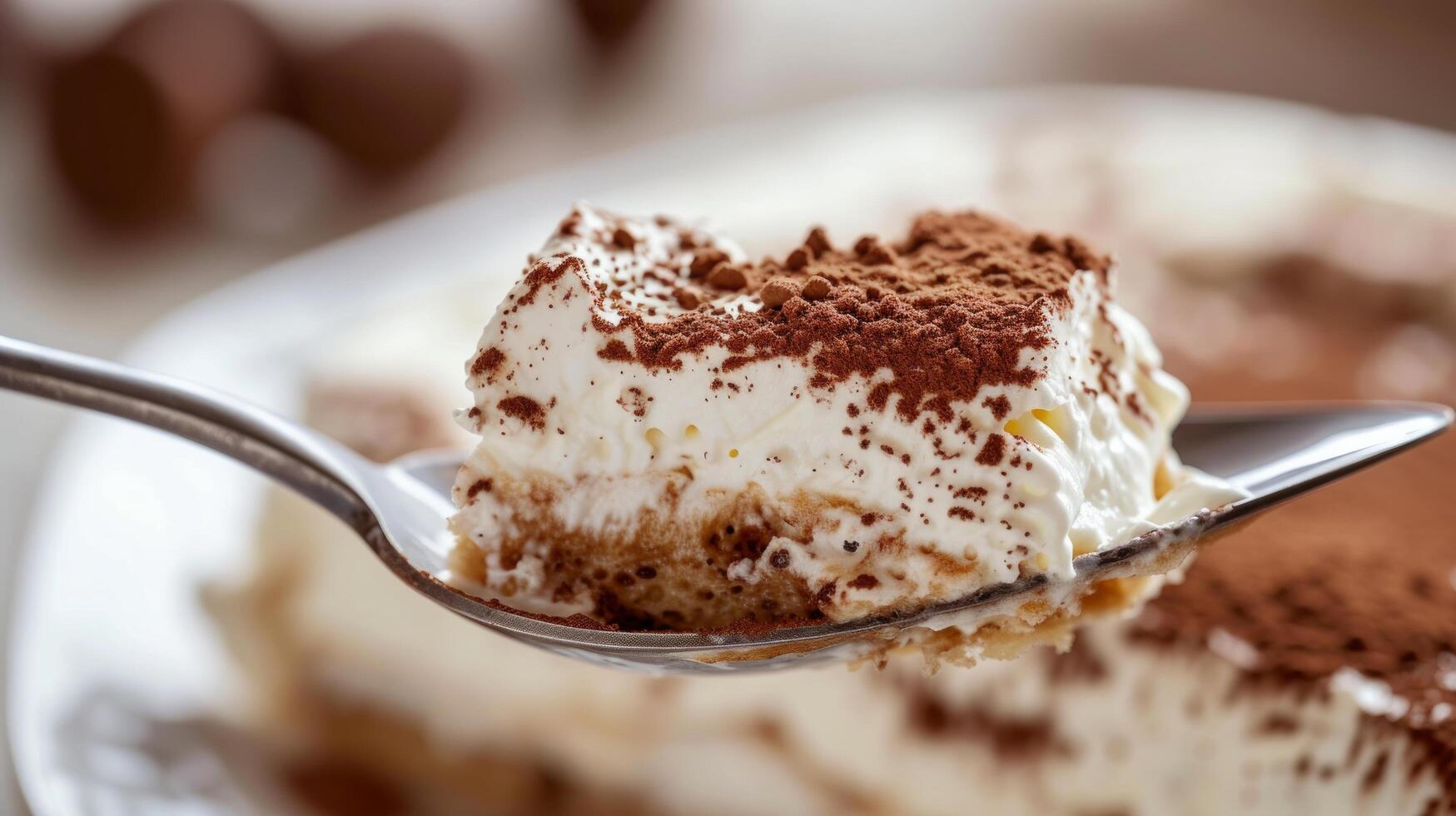 AI generated A close-up of a spoonful of tiramisu, capturing the delicate layers of coffee-soaked ladyfingers and mascarpone photo