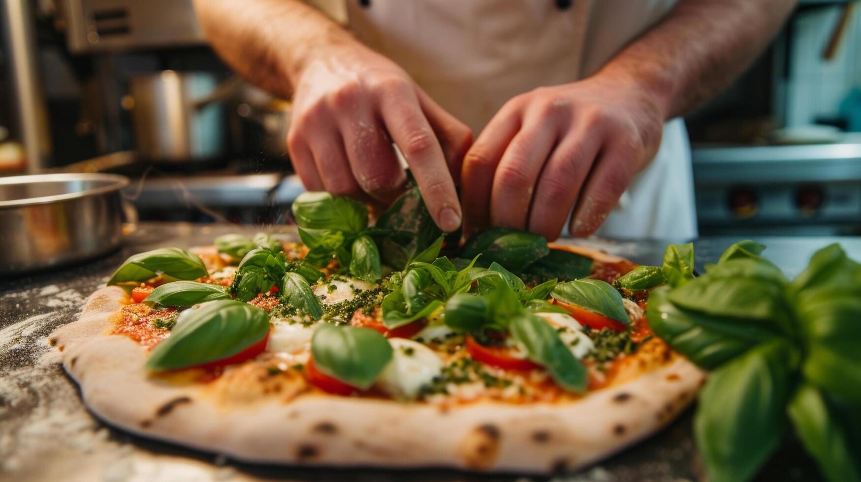ai generado un del chef manos ingeniosamente arreglando Fresco albahaca hojas en un caprese Pizza foto
