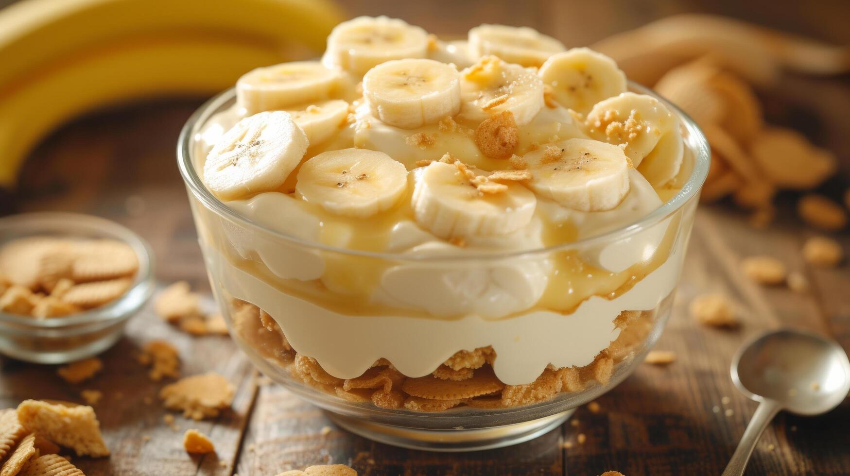 AI generated A creamy banana pudding layered with vanilla wafers and fresh banana slices, pure nostalgia photo