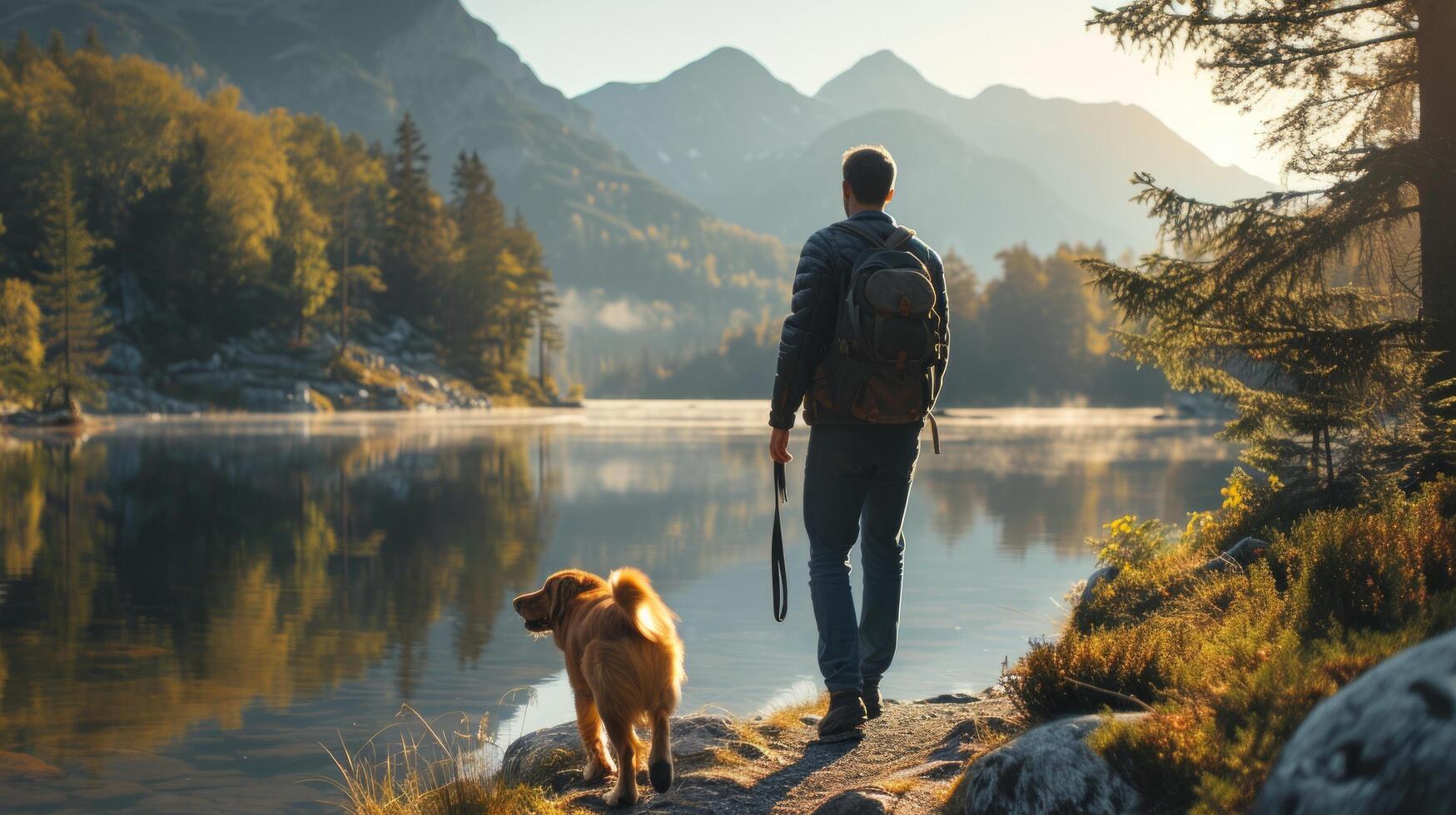 AI generated A man and his dog exploring a tranquil lakeside trail photo