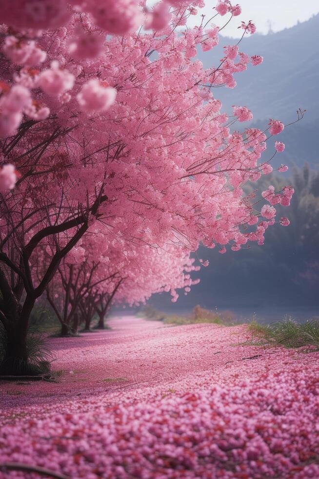 AI generated A majestic cherry blossom tree, its pink petals forming a canopy of serenity photo