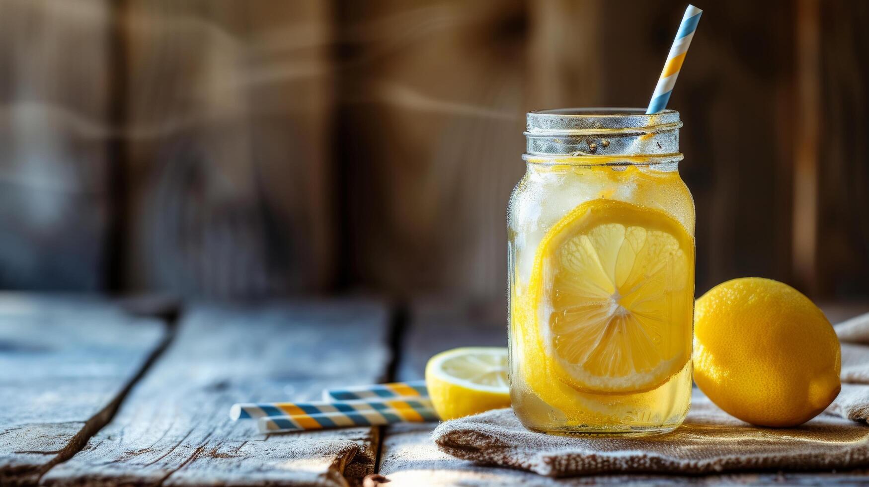 AI generated A rustic mason jar filled with lemonade, adorned with a colorful paper straw photo