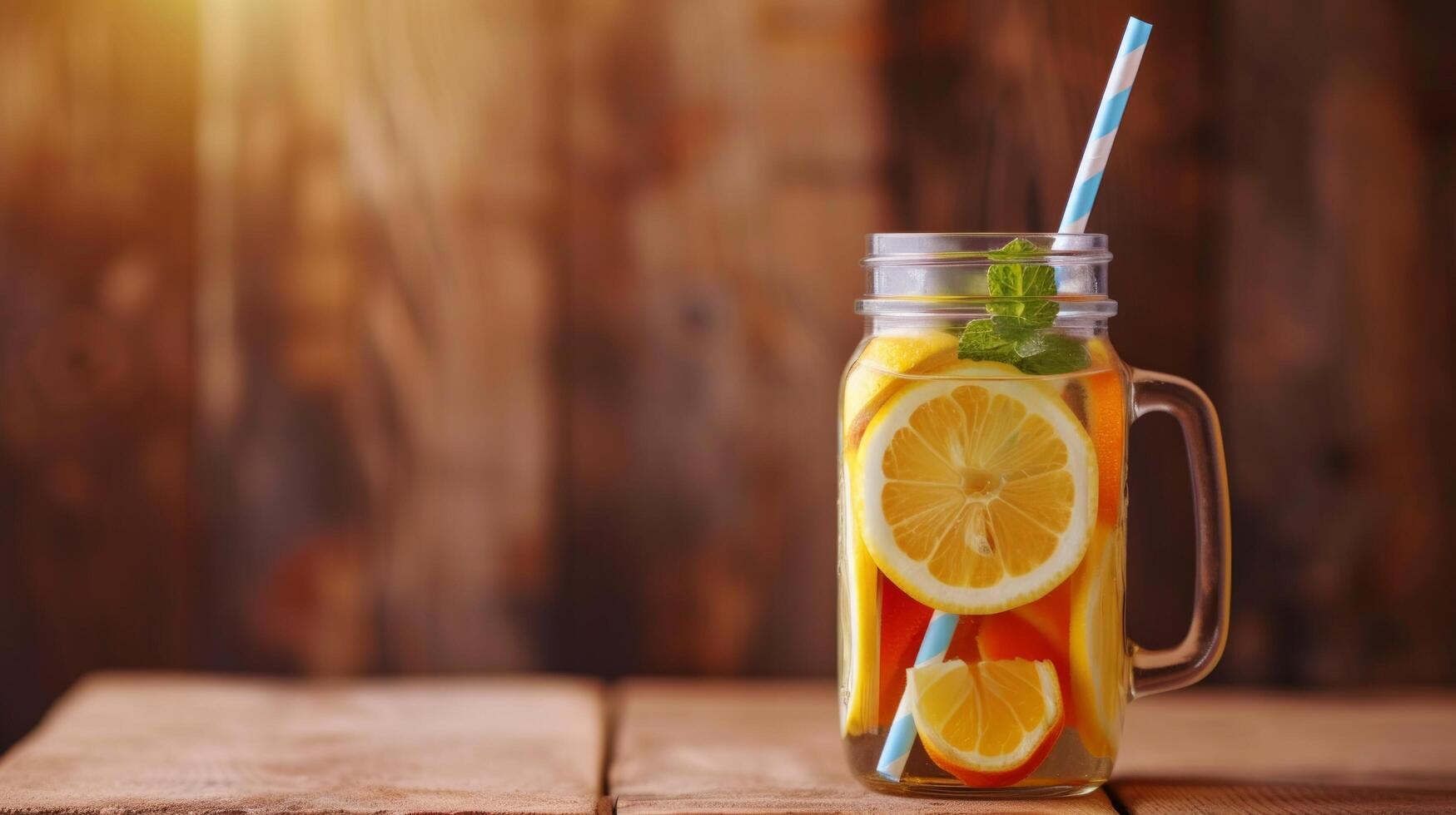 ai generado un rústico masón tarro lleno con limonada, adornado con un vistoso papel Paja foto