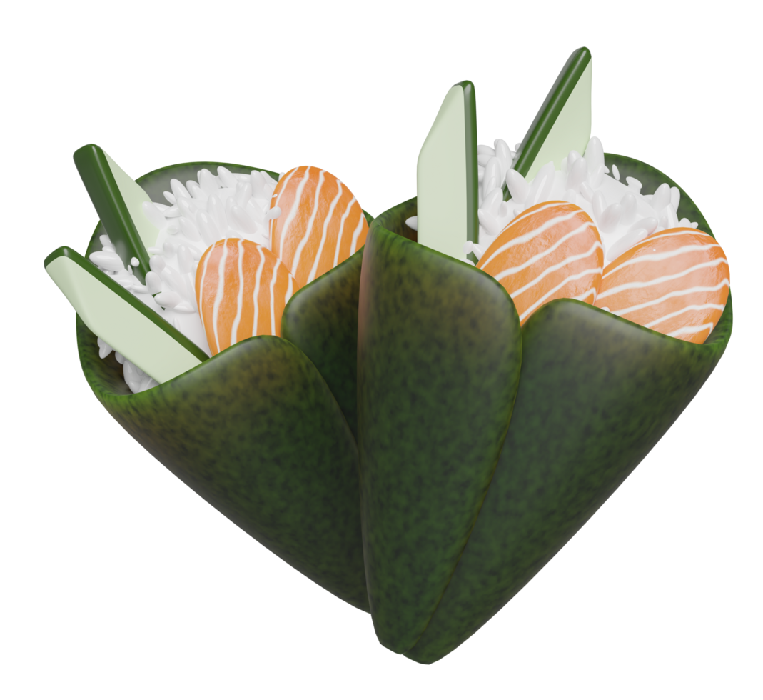 3d Temaki sushi with rice, salmon, cucumber, seaweed, japanese food isolated concept, 3d render illustration png
