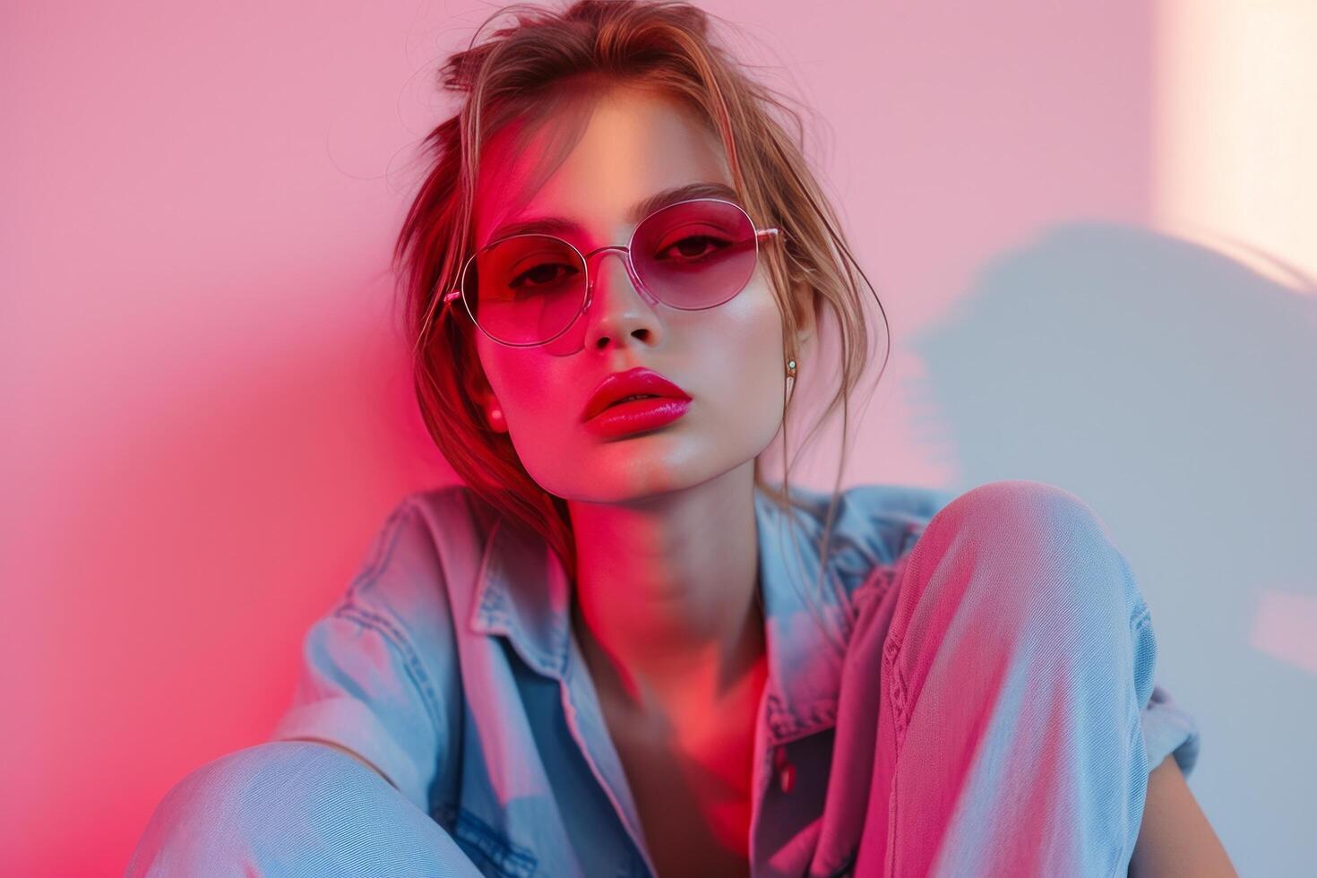 AI generated a girl sitting in sunglasses with lipstick photo