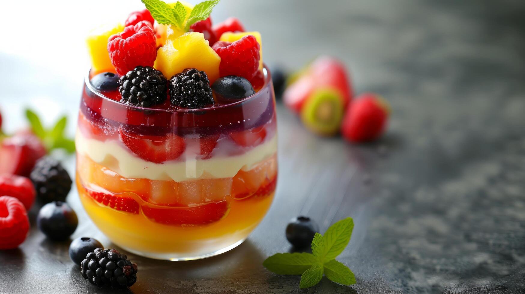 AI generated A mesmerizing layered jelly dessert with alternating fruit and cream layers, a delightful fusion photo