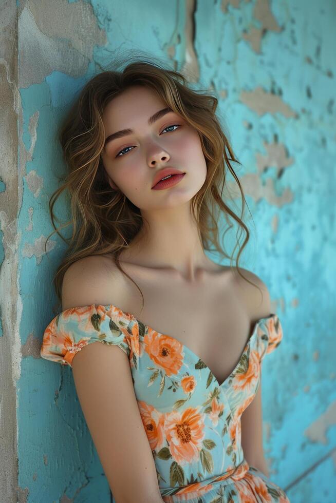 AI generated a girl in a flower print dress leaning against a wall photo