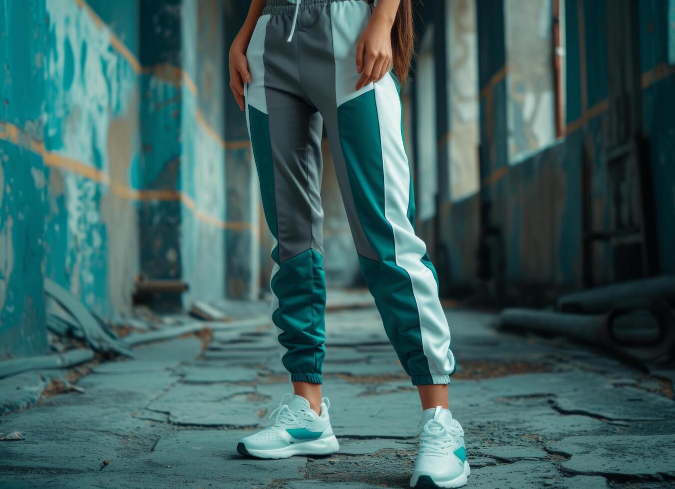 AI generated a girl standing in her grey and white sports pants photo