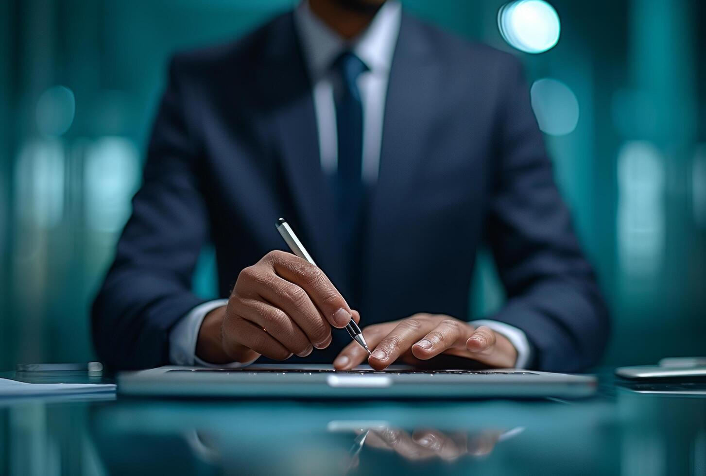 ai generado un chico en un traje es trabajando en un computadora portátil, en el estilo de ligero verde azulado y oscuro Armada foto