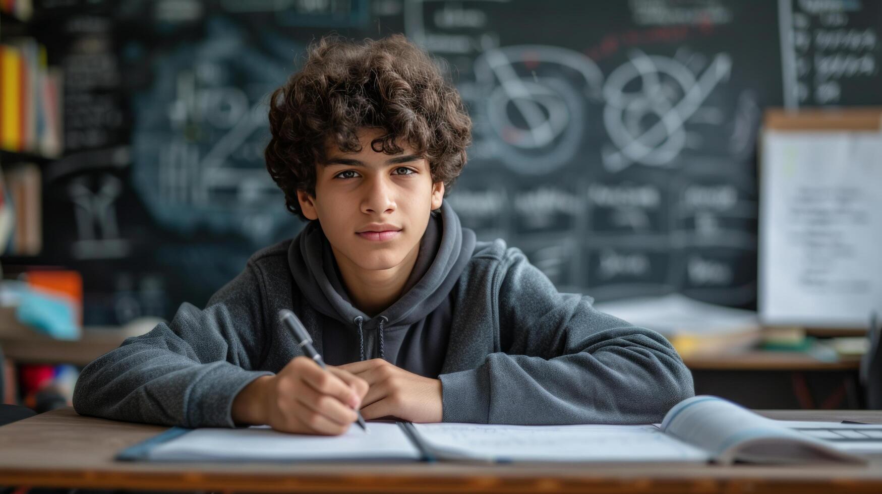 AI generated A young student attentively solving complex math problems at his neatly organized desk photo