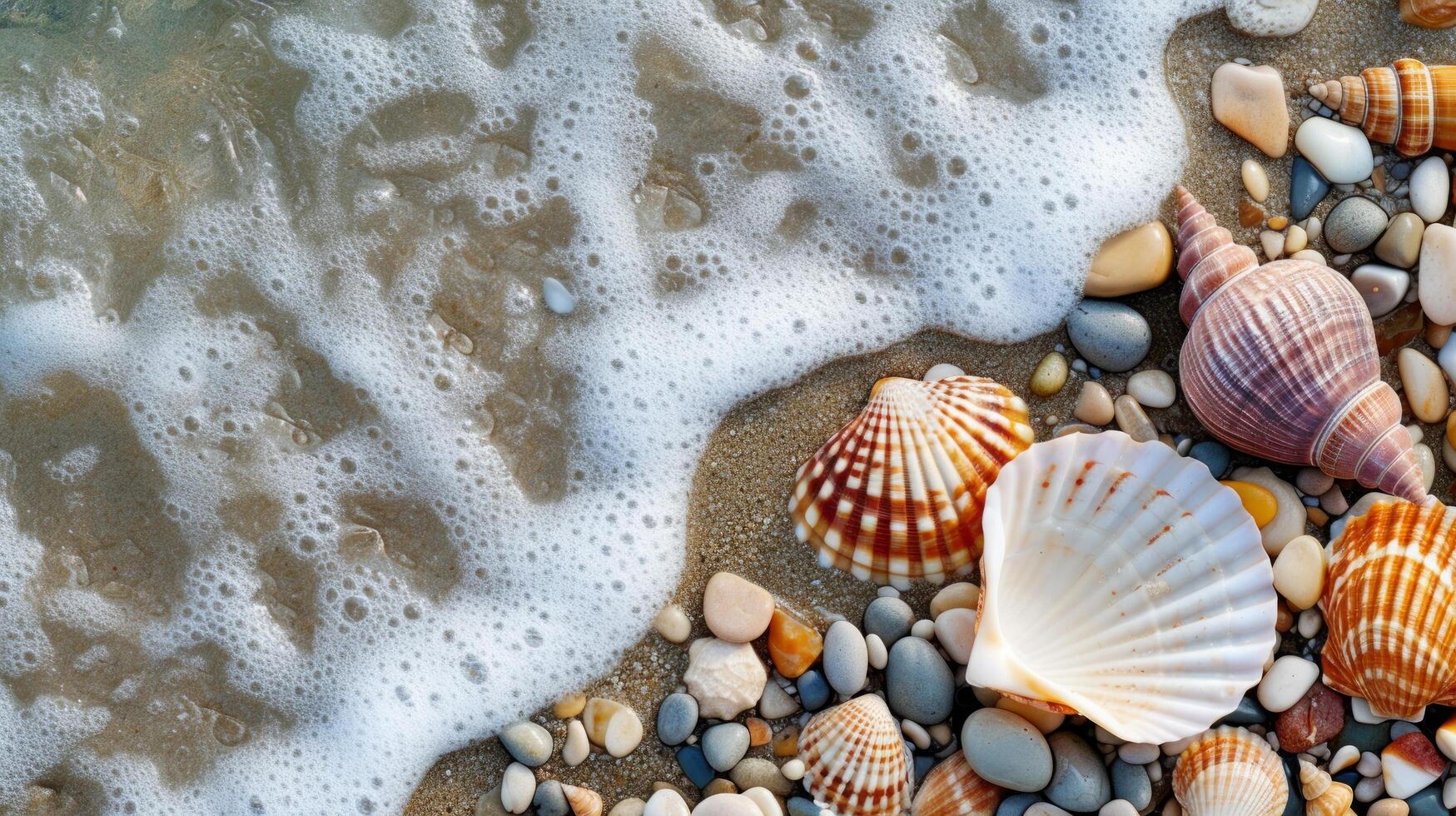 AI generated Seashells and pebbles adorn the shore, adding natural beauty to the beachscape photo