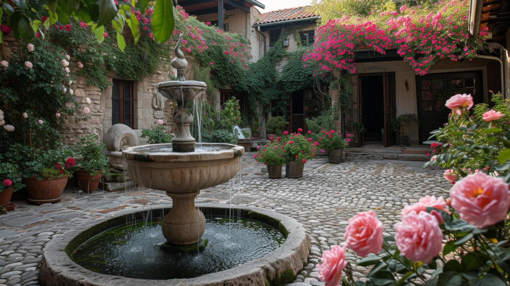 AI generated A cobblestone courtyard is graced by a sculpted fountain and vibrant pink roses in full bloom photo