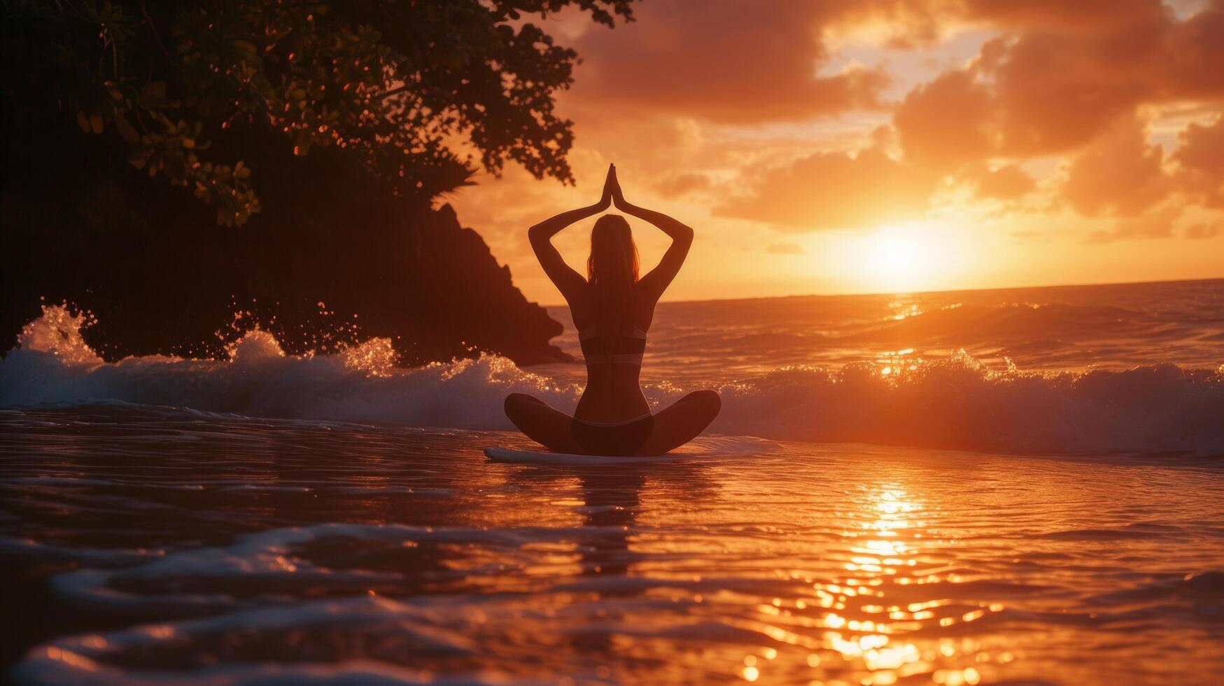 AI generated A woman practicing yoga on a serene, secluded beach, her body silhouetted against the sunrise photo