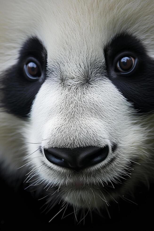 ai generado un de cerca revela el cautivador mirada de un panda, destacando sus oscuro ojo parches foto