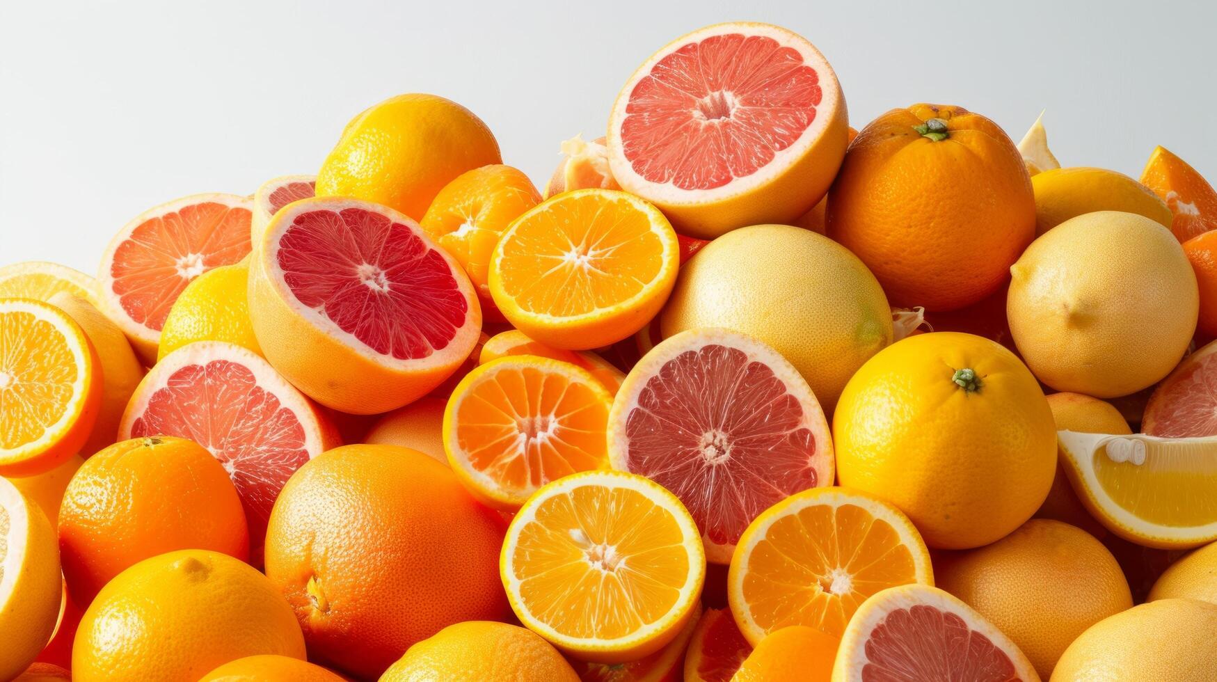 AI generated A mix of citrus fruits piled high, creating a visually appealing and appetizing composition photo