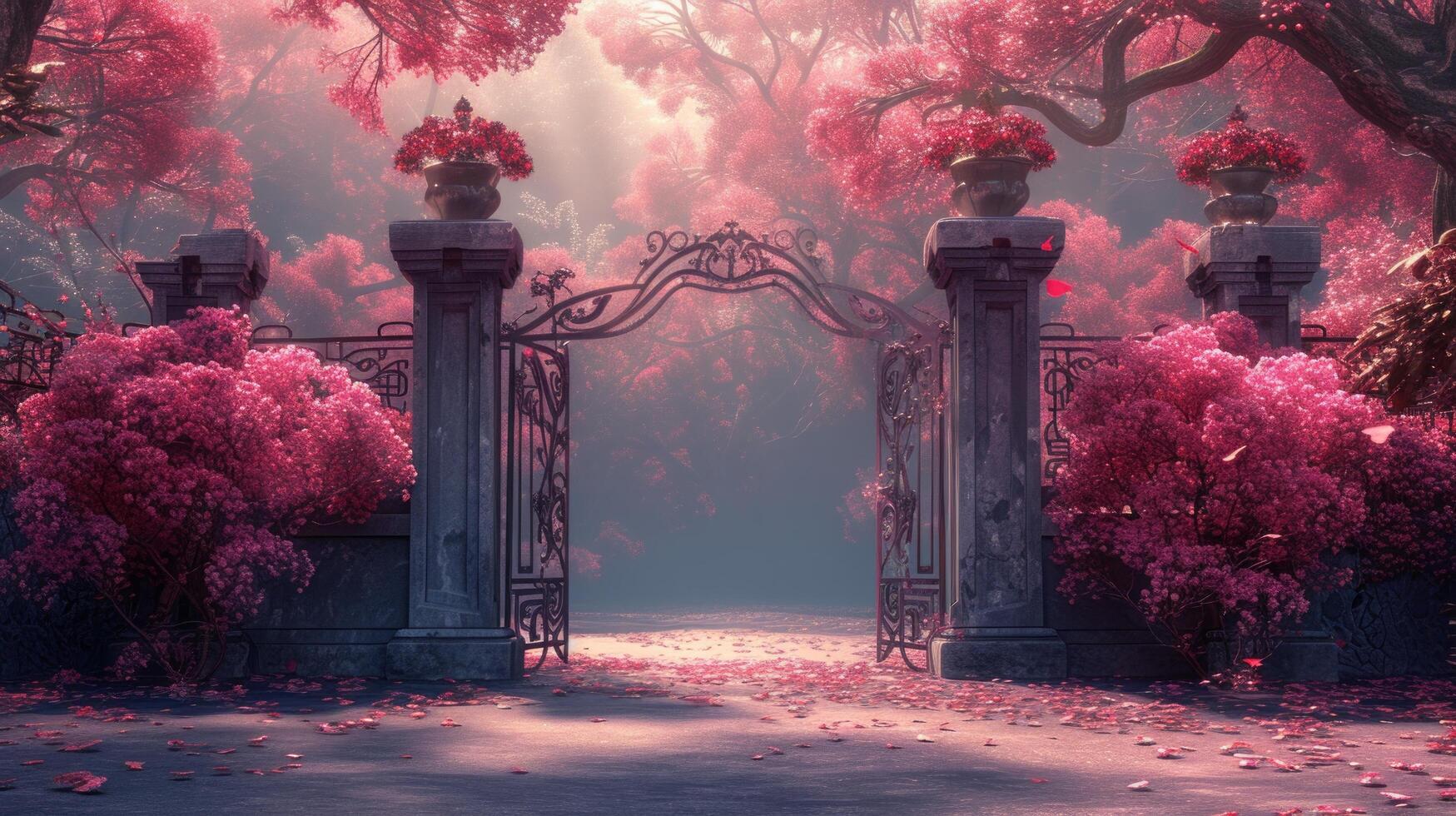 AI generated A grand rose-hued gate welcomes visitors into the magical world photo